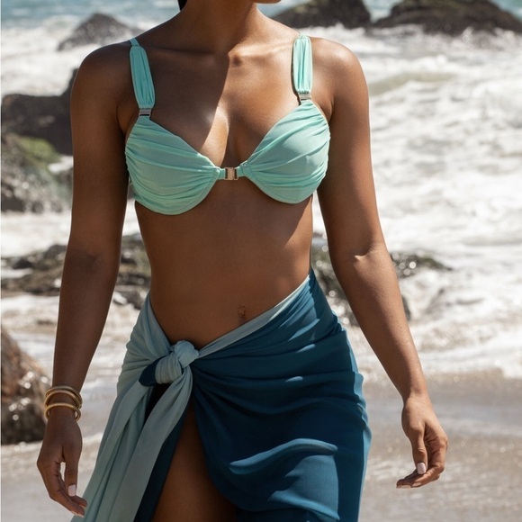 NEW JLUXLABEL Light Blue High Tides Bikini Mesh Ruched Bikini Top - Picture 8 of 17